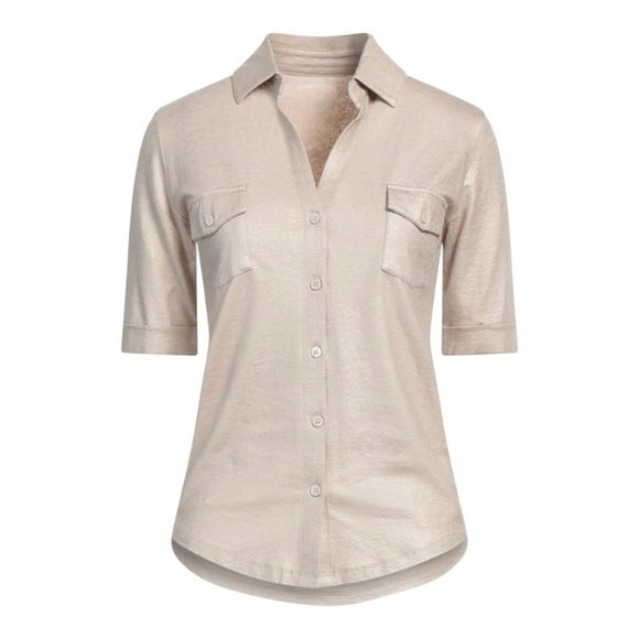 Majestic Filatures Paris Linen Button Down Metallic Shirt Top In Beige Size 2 - Picture 1 of 7